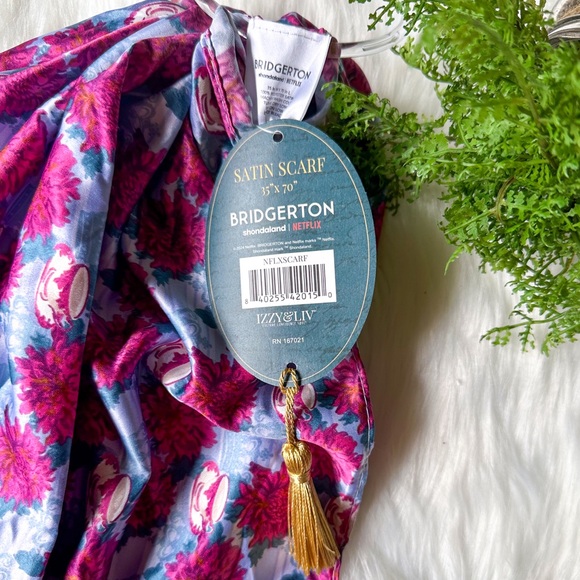Izzy & Liv Bridgerton Satin Scarf 35x70 Netflix Tea Cups Pink Floral - Picture 3 of 3
